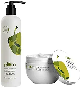 Plum Olive & Macadamia Mega Moisturizing Hair Mask | 250g & Plum Olive & Macadamia Healthy Hydration Scalp Moisturizing Shampoo 300 ml