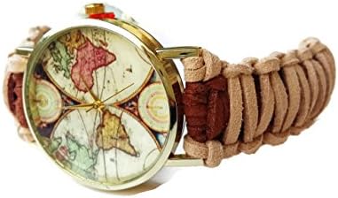 Unique brown beige braided boho world map wrist watch bracelet women Cool Birthday gift for friend