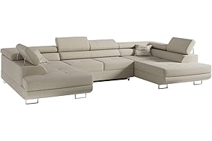‎MKS MEBLE MKS MEBLE Ecksofa Wohnzimmer - Wohnlandschaft - U-Form Couch mit Schlaffunktion - Bettsofa - Wohnzimmer U Couch - Polstersofa mit Bettkasten - Gustaw U Dunkelcreme Samoa