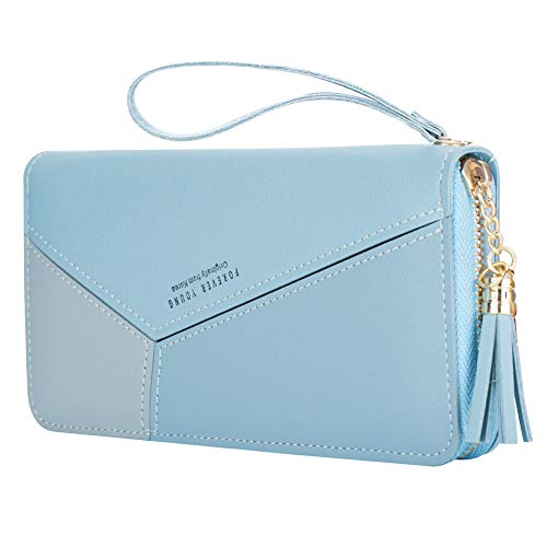 Cartera Largo Mujer KOOGOO Tassel PU Cuero Gran Capacidad Billetera Multi- Slots de con Cremallera Monedero (Azul)