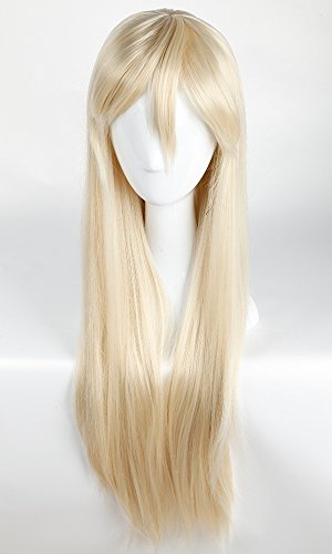 S-noilite Full Wigs 32"(80cm) Long Straight Linen Blonde Cosplay Wig Short Bang Style