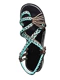  Damen Sandalen Frauen Rom Gummi Knöchelriemchen Kopf Casual Sandalen Bequeme Keilsandaletten Riemchen Keilabsatz Zehentrenner Sandaletten Flach Flip Flops Türkis EU 38