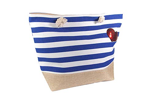 Sun and Surf Printed Striped Beach Bag 40 x 50 cm with Overlay-Heart, Navy Blue