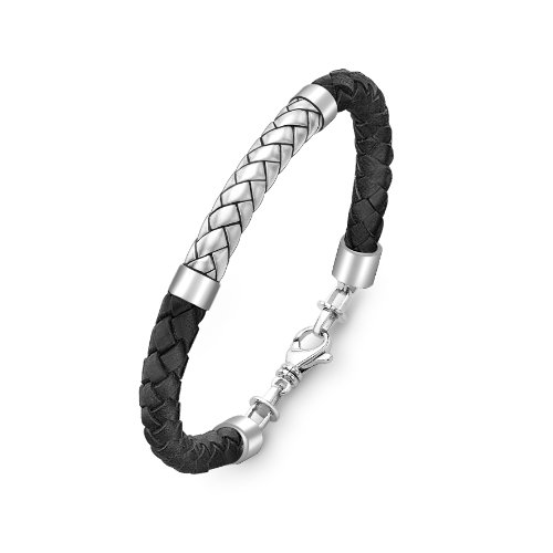 Hoxtons London Herren Sterling Silber Fischgt Schwarzes Leder Armband 22cm