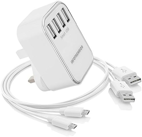Portable 4.8A 24Watt Output Quad 4 USB Charging Ports Wall Charger UK Plug Adapter with smart device recognition feature compatible with many devices like Nokia, LG G3/G4, Google Nexus 7, Samsung Galaxy S5/S4/S3, Tab 3, Note 3/2, aPad/ePad Android Tablet, TomTom, Garmin and many other devices and e-readers that can be charged via the wall socket (4.8A 4xUSB ports White)
