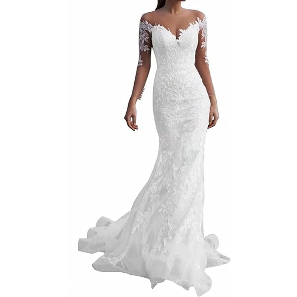 Abito Da Sposa Sirena Con Maniche Lunghe In Tulle - Avorio, Taglia 36, Con Treno Per Cerimonia Civile - Foto 9