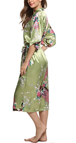 Avidlove Damen Morgenmantel Kimono Robe Bademantel Nachtwäsche aus Satin mit Peacock und Blüten entwerfen Robe Lange Stil - 4