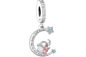 MON & SONS Mother Daughter Elephant I Love You To The Moon And Back Star Moon Charm Bead Pendant 925 Sterling Silver Dangle Compatible With Pandora Charm Bracelet