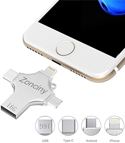 External 16GB USB Flash Drive – Zonciny 4 in 1 Thumb Drive Type c USB Stick for iPhone, Macbook, Android Mobile Phone, USB 2.0 Memory Stick Pendrive for Computer