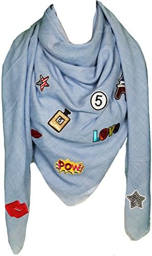 Mevina scarf with patches, glitter star patch, glitter rhinestones, with fringes, large, square, cotton scarf, oversized, premium quality -  Blue - One size