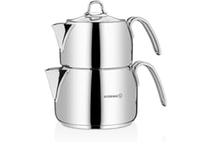 Korkmaz A028 Perla - Juego de tetera turca para estufa, tetera doble de acero inoxidable 18/10 con asas resistentes al calor, tetera y tetera estilo Samovar con 40 onzas (1200 ml) y 64 onzas (2000 ml)