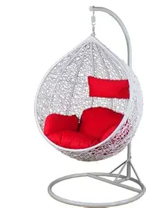 Blue Moon Swing Chair with Stand,Cushion (Red Colour) & Hook-Outdoor/Indoor/Balcony/Garden/Patio (Standard, White) Rattan Wicker/ Outdoor Swing Chair/ Hanging Swing Chair