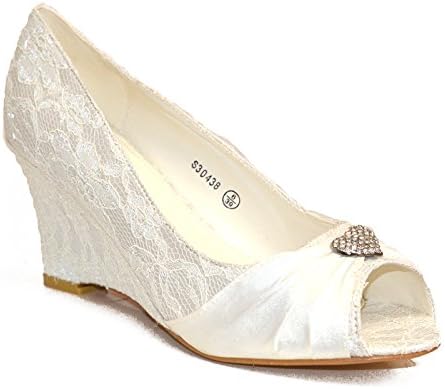 IVORY LACE SATIN WEDDING BRIDAL HIGH MID WEDGE HEEL COURT PUMP SHOES UK SIZES 3 - 8 (UK 7)