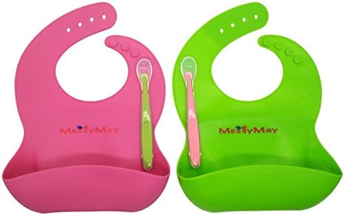 Silicone Baby Bibs with Baby Spoons - 2 Pack, Easy Clean Soft Large Silicone Bibs with Wide Food Catcher Pocket, Stain Resistant Comfortable for Your Baby Boy or Girl Unisex Drool Bib for Babies