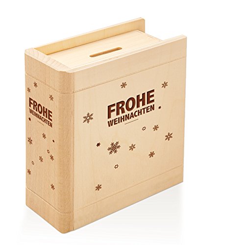 Spardose Buch aus Holz mit festlicher Gravur – [Motiv Schneeflocken] – Standard-Variante - Sparbüchse - Weihnachtsgeschenke – Geschenke zu Weihnachten - Verpackung für Geldgeschenke