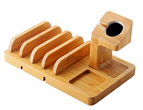 Supporto Apple Watch, IPUTY Bamboo Wood Supporto dock per Apple Watch Series (38mm e 42mm), 5-Slot Staccabile Universal Cradle Station Organizer per iPhone, iPad, Tablet o altri Smartphone
