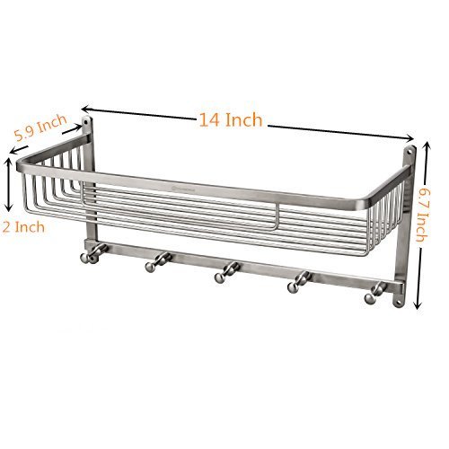 homeideas 2-in-1-Extrem Fest & rostfrei rechteckig Badewanne und Dusche Regal Korb, Wand montiert Badezimmer Bad Caddy/Aufbewahrung mit 5 Handtuchhalter Haken Kleiderbügel, gebürstet, SUS304 Edelstahl, Edelstahl, Silber, C-Rectangular(2-in-1) - 5