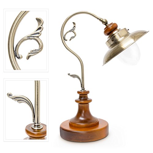 Relaxdays Tischlampe Steampunk Design, Tischleuchte Jugendstil im Vintage Look, Nachttischlampe E27 Fassung Holz und Eisen in Messing-Optik mit Glas, braun - 