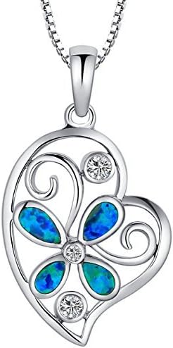 Sterling Silver Butterfly Flower Heart W. Created Blue and Green Fire Opal Inlay and Cubic Zirconia Pendant Necklace Come with 1mm Italian Box Chain SC020N46