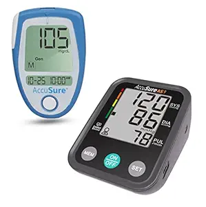 AccuSure AS09 Fully Automatic Upper arm Digital Blood Pressure Monitor with AccuSure Blue Glucometer Machine with 25 Test Strips (Combo Pack)