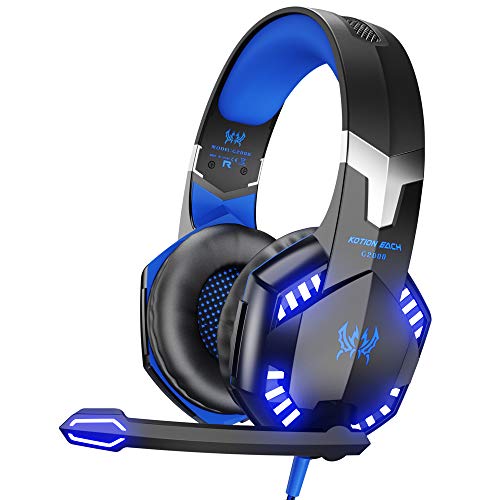 VersionTECH. Auriculares Gaming Cascos PS4 con Microfono, Diadema Ajustable, Bass OverEar 3,5mm Jack, Luz LED, Control de Volumen, Bajo Ruido para PS4/Xbox One/Nintendo Switch/PC/Móvil (Azul)