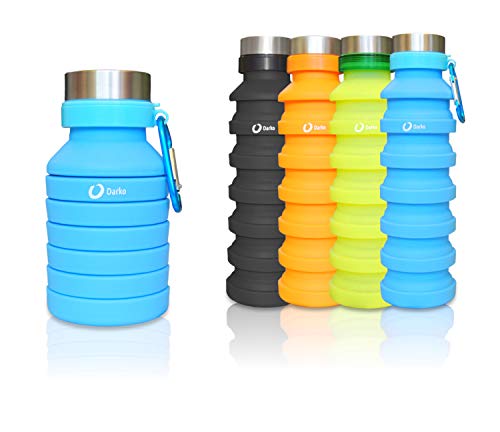 Darko - Borraccia Pieghevole, Silicone, Ecologica, BPA Free, ermetica, Palestra, Escursionismo, Campeggio, Corsa, Trekking, con Gancio, Morbida, 550ml (Blu)