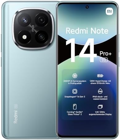 XIAOMI Smartphone Redmi Note 14 Pro+ 5G, 8+256GB, fotocamera AI di livello professionale da 200MP, IP68, HyperCharge da 120W, funzionalità AI (caricabatterie non incluso), Blu