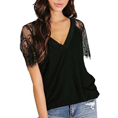 Preisvergleich Produktbild Damen Bekleidung DOLDOA Frauen Elegante Frühling Spitze Spleißen Oberteile Slim Hemd Bluse Casual Tops Kurzarm Solide O-Ausschnitt Trägerloser T-Shirt Mode Frühjahr-Sommer Blusen Schöne Pullover Sweatshirt (EU:38, Schwarz - 4)