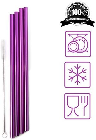 Reusable Smoothie Metal Drinking Straws Straight - (x4) Wide, Safe, Eco-Friendly &amp; Food Grade Biodegradable Stainless Anodised Aluminium + FREE Cleaner Brush | PRIME Shipping available
