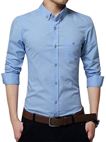 AIYINO Mens Cotton Casual Slim Fit Long Sleeve Dress Shirts with Pocket (Large, Sky Blue)