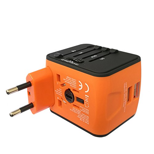 yugee® Modelo 2016 toma de viaje adaptador Universal Adapteur internacional con 2 USB, Adapteur Cargador USB con protección contra cortocircuitos y de tensión 100% seguro para más de 160 Países, EU UK USA Australia Japón China Brasil Argentina etc. Color Naranja con compartimento donnée - Imagen 4