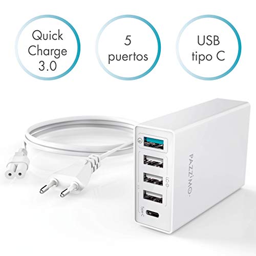 PAZZiMO Multicargador USB 48W Blanco con 1 USB Quick Charge 3.0 de Carga rápida, 1 USB Tipo C y 1 USB Tipo A, Compatible para móvil o Tablet, Compacto, con Cable de 1,5 m