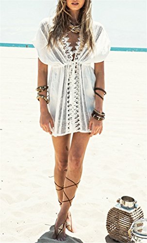 ERGEOB Damen Baumwolle Spitze Strand Bikini Kittel strandkleid weiß - 4