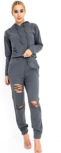 Extras Fashion Ladies Distressed Ripped Hooded Crop Top Joggers Loungewear Tracksuit New UK 8 10 12 14 (Charcoal, 12)