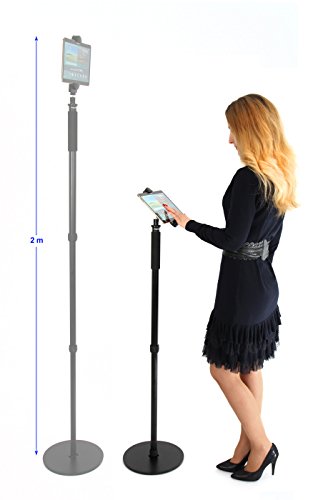 Photecs® verstellbarer Tablet-Bodenständer, Boden-Stativ (höhenverstellbar bis 1,72m), Profi Tablet-Ständer/-Stativ mit sehr hoher Kippfestigkeit, z.B. als moderner Notenständer mit iPad Pro, frei positionierbar, mit Filzgleitscheibe.