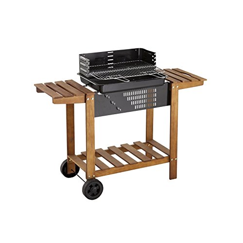 spécifications Barbecue à charbon, rectangle sur chariot en bois avec dessertes latérales et plateforme de rangement