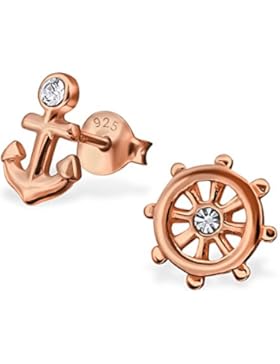 Happy Silver Ohrstecker für Kinder und Damen, Anker & Steuerrad, Sterling Silber 925, Roségold plattiert, Zirkonia...