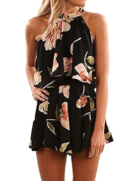 Walant Damen Ärmellos Hälftehals 2 Teile Blumendruck Mini Playsuit Jumpsuit
