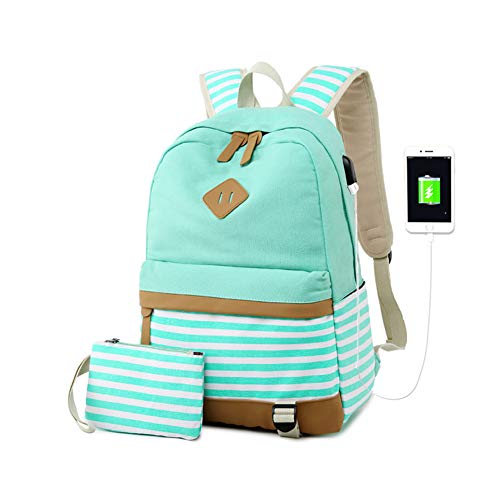 Zaino Donna Borsa Viaggio Canvas Rucksack Ragazze Adolescenti Scuola Studente Università 15.6 Pollici Laptop Notebook Taccuino Women USB Backpack Girls Travel Casual Bag Daypack Piccolo (3-Verde)