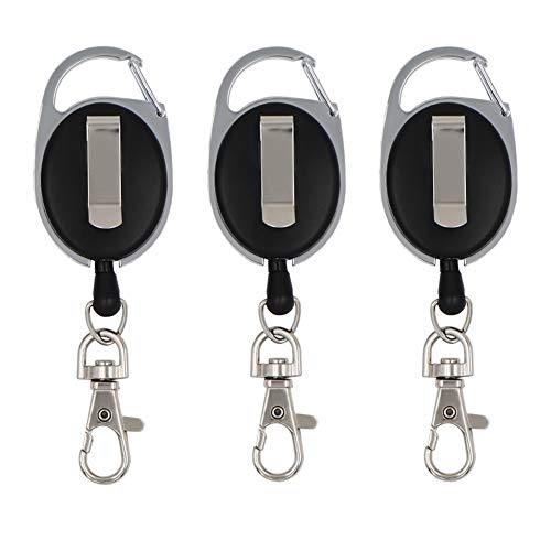 3 pezzi Portachiavi retrattile, portacarte per identificazione e ufficio, Cavo allungabile 60 cm ovale con clip e portachiavi metallico, Nero