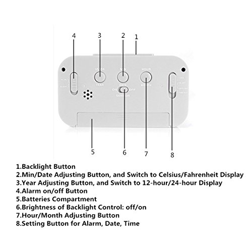 AUDEW LCD Wecker Digital Wecker Tischuhr Alarm Clock Kalender Thermometer für Auto Reise Hause Büro Weiß - 6