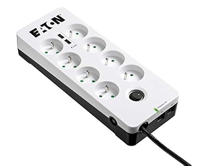Eaton Multiprise/Parafoudre - Eaton Protection Box 8 Tel@ USB FR - PB8TUF - 8 prises FR + 1 prise téléphonique + 2 ports USB - Blanc & Noir