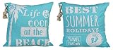 Bada Bing 2er Set Kissen Beach Summer mit Kordel türkis blau weiß