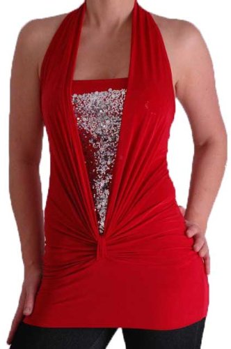 Bella Slinky Stretch Glitter Halter Neck Fashion Top Red M/L