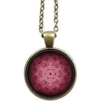 Halskette - Gliederkette 75cm - bronzefarbend - Cabochon 25mm Anhänger - Mandala Motiv - rotlila