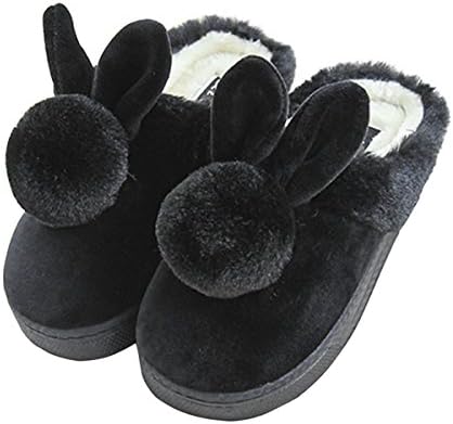 Union Tesco Adult Cotton Slippers, Cute Cartoon Rabbit Slippers,Winter Warm Plusch Slippers,Indoor Floor Anti-Slip Slippers,Black,Size:38