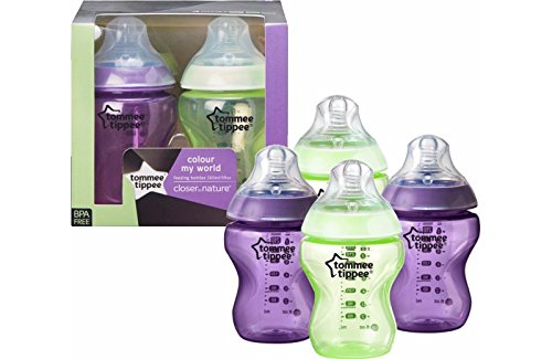 tommee tippee colour my world purple/green pack of 4 260ml feeding bottles bpa free
