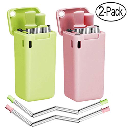 Pajita plegable, de Emater, de acero inoxidable de grado alimenticio, reutilizable, con estuche portátil y cepillo de limpieza, pajita de silicona plegable, 2 paquetes Green and Pink