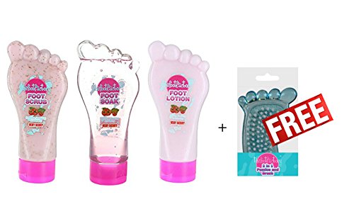 Foot Factory Very Berry Pedicure Set - Scrub, Soak & Lotion + FREE 2 in 1 Pumice and Brush. Soften Soothe Relax Very Berry Therapy Beauty