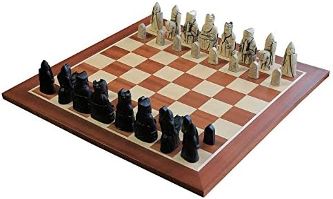 Isle of Lewis Ivory & Black Chess Pieces with 19 Inch Mahogany Chessboard